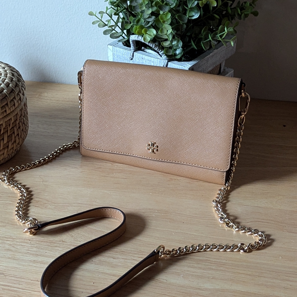 Tory Burch Tan Crossbody Bag with Gold Chain Strap